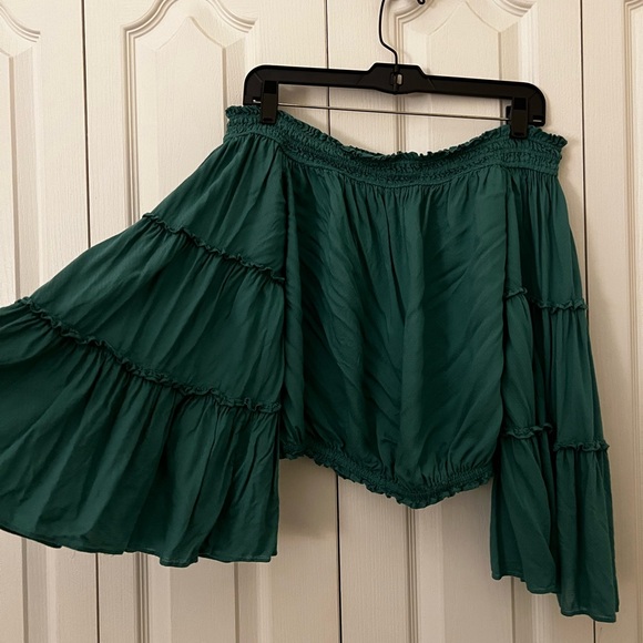 Free People Dark Green Off the Shoulder Long Big Sleeve Blouse - Picture 2 of 3